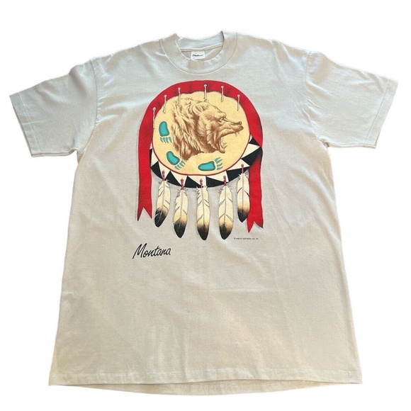 Vintage 1989 Native Tribal Design Montana Bear Feathers T Shirt XL - Picture 3 of 15